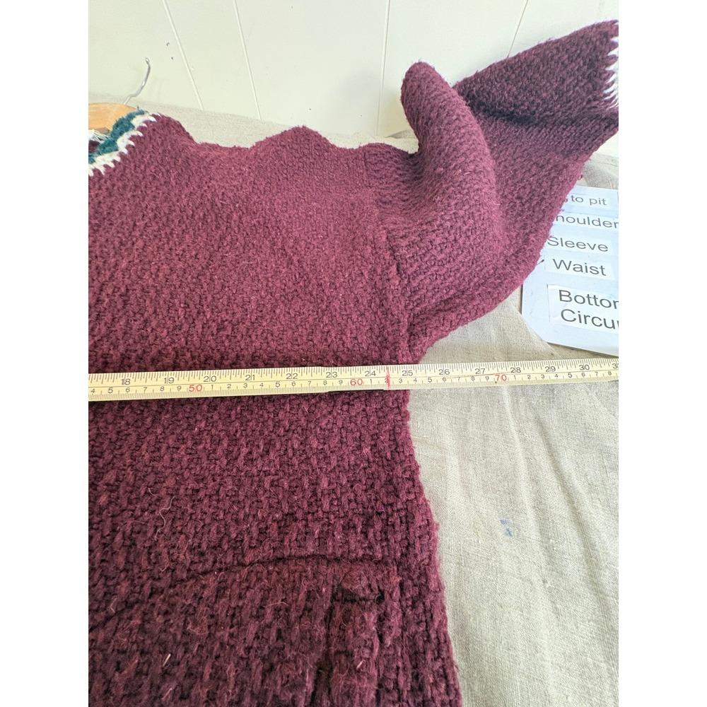 Vintage Burgundy Chunky Knit Cardigan Crochet Trim Wood Button Sweater XL - Picture 6 of 11